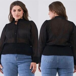 COC Sheer Polka Dot  Button-down Smock Detail Blouse in Black NWT